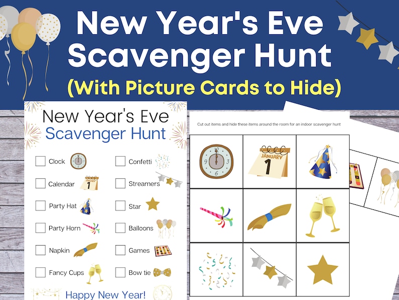 New Years Scavenger Hunt with Cards to Hide, NYE Scavenger Hunt, Printable for Kids, Instant Download, New Years Eve Game for Kids image 1