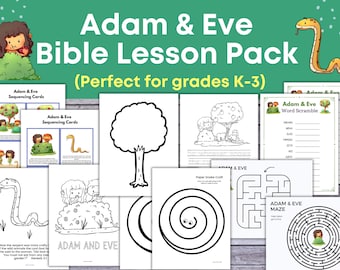 May include: A black and white printable pack of educational activities for children featuring Adam and Eve from the Bible. The pack includes colouring pages, a word scramble, a maze, and sequencing cards.