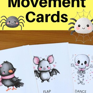 Puede incluir: Tarjetas de movimiento de Halloween con ilustraciones de un cuervo, un murci&eacute;lago y un esqueleto. Las tarjetas tienen el texto "SQUAWK like Crow", "FLAP like a Bat" y "DANCE like a Skeleton". El fondo es amarillo con ilustraciones de ara&ntilde;as.