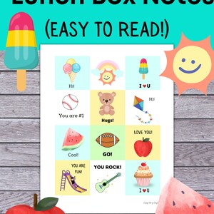 May include: A printable sheet of colorful lunchbox notes for kids. The notes feature various images and phrases like "You are #1", "Hugs!" and "You Rock!"
