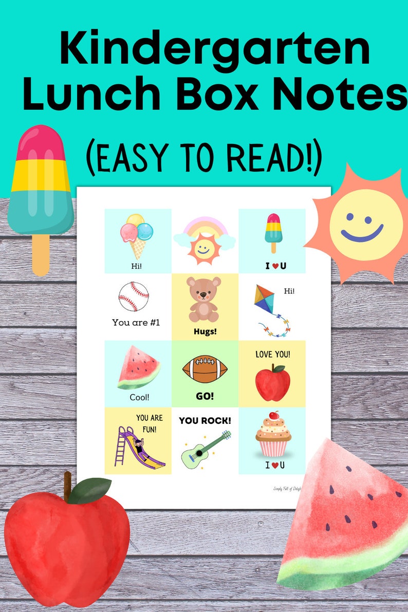 May include: A printable sheet of colorful lunchbox notes for kids. The notes feature various images and phrases like "You are #1", "Hugs!" and "You Rock!"