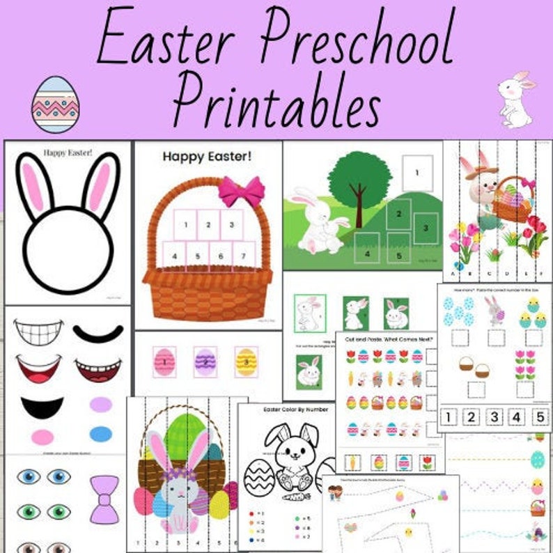 May include: A set of printable Easter-themed activities for preschoolers. The worksheets include counting, colour by number, cut and paste, and matching activities. The worksheets feature bunnies, eggs, and baskets.