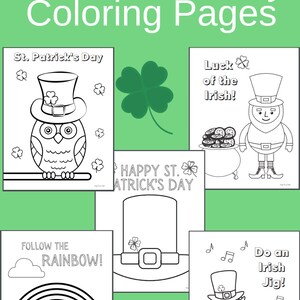 May include: A collection of St. Patrick's Day coloring pages with various illustrations. The pages feature images of an owl in a top hat, a leprechaun, a rainbow, and the text "Super Cute St. Patrick's Day Coloring Pages."