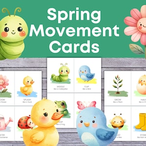 Tarjetas de movimiento primaveral para niños, tarjetas didácticas de motricidad gruesa para preescolar, educación en casa, actividad de círculo, tarjetas imprimibles de acción primaveral