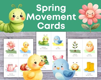Tarjetas de movimiento primaveral para niños, tarjetas didácticas de motricidad gruesa para preescolar, educación en casa, actividad de círculo, tarjetas imprimibles de acción primaveral