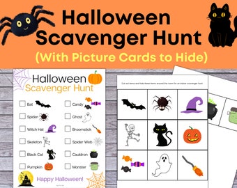 May include: A printable Halloween scavenger hunt game with a checklist of Halloween items to find, including a bat, spider, witch's hat, broomstick, skeleton, spider web, black cat, cauldron, pumpkin, and monster. The game includes a set of picture cards to hide around the room.