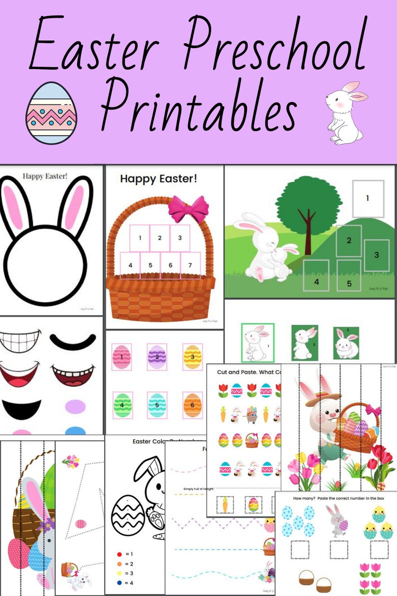May include: A set of printable Easter-themed worksheets for preschoolers. The worksheets feature bunnies, eggs, baskets, and numbers. Happy Easter!