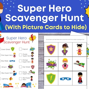 Super Hero Scavenger Hunt, Superhero Treasure Hunt, Printable for Kids, Students Activity, Instant Download, birthday party Game for Kids