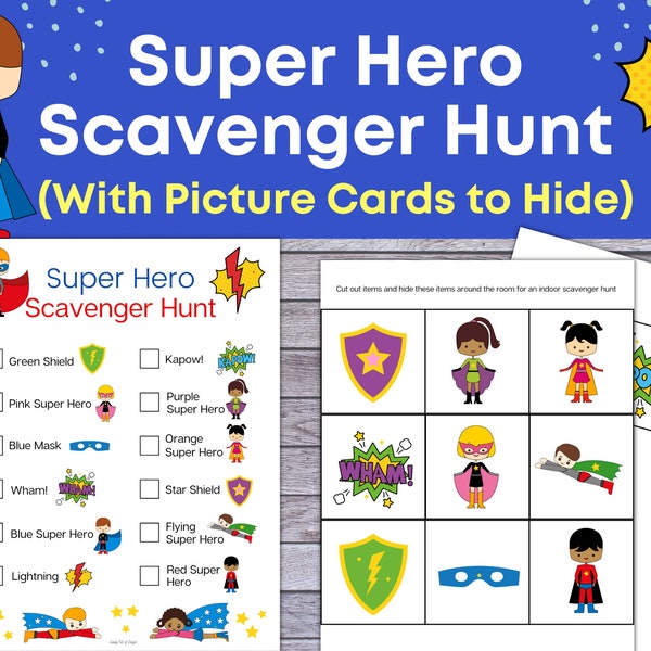 Super Hero Scavenger Hunt, Superhero Treasure Hunt, Printable for Kids, Students Activity, Instant Download, birthday party Game for Kids