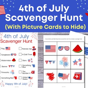 Búsqueda del tesoro del 4 de julio con cartas para esconder, Búsqueda del tesoro en interiores del Día de la Independencia, Actividad para estudiantes, Juego patriótico para niños