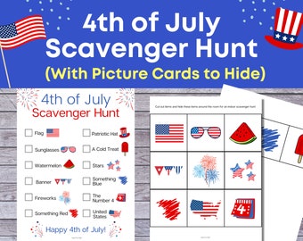 4th of July Scavenger Hunt with cards to hide, Indoor Independence Day Scavenger Hunt, Students Activity, patriotic Game for kids