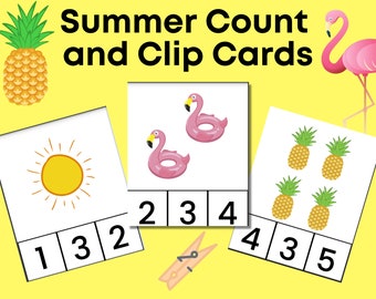 Tarjetas de clip de conteo de verano, matemáticas Montessori imprimibles, educación en el hogar, tarjetas de clip de conteo, matemáticas de jardín de infantes, matemáticas preescolares, actividad de conteo