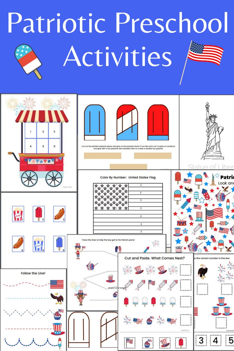 Patriotic Preschool Activities, Patriotic Preschool Worksheets, 4th of July Activity Pack For Preschoolers, 3 year old learning activities image 2