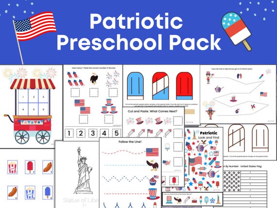 Patriotic Preschool Activities, Patriotic Preschool Worksheets, 4th of July Activity Pack For Preschoolers, 3 year old learning activities
