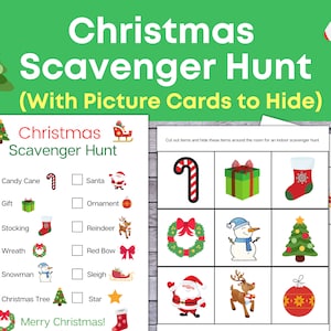 Búsqueda del tesoro navideña con tarjetas para esconder, Búsqueda del tesoro navideña, Imprimible para niños, Descarga instantánea, Juego de Navidad para niños