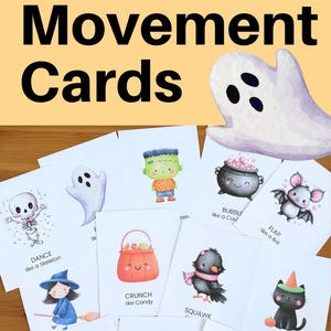 Puede incluir: Tarjetas de movimiento de Halloween con ilustraciones tem&aacute;ticas de Halloween. Las tarjetas muestran un esqueleto, un fantasma, Frankenstein, un caldero, un murci&eacute;lago, caramelos, un cuervo, un gato, una ara&ntilde;a y una calabaza. Cada tarjeta tiene un aviso de movimiento.