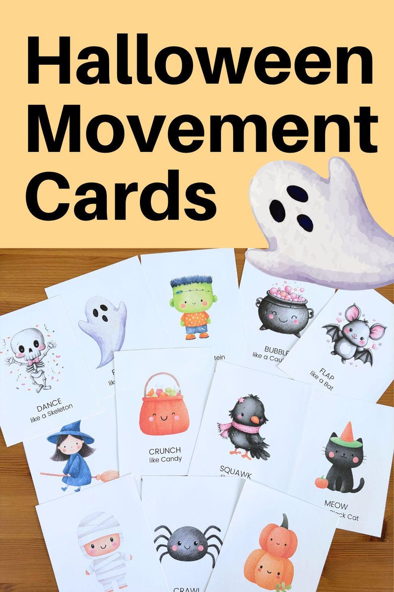 Puede incluir: Tarjetas de movimiento de Halloween con ilustraciones tem&aacute;ticas de Halloween. Las tarjetas muestran un esqueleto, un fantasma, Frankenstein, un caldero, un murci&eacute;lago, caramelos, un cuervo, un gato, una ara&ntilde;a y una calabaza. Cada tarjeta tiene un aviso de movimiento.