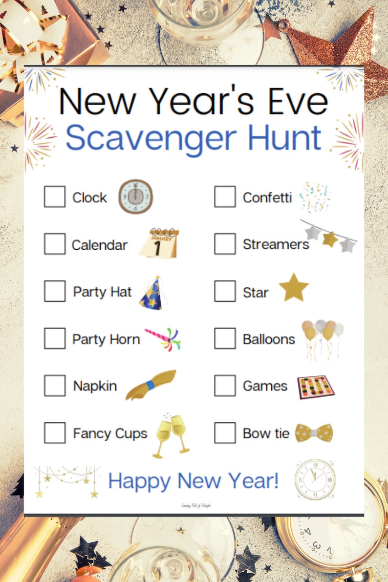 New Years Scavenger Hunt with Cards to Hide, NYE Scavenger Hunt, Printable for Kids, Instant Download, New Years Eve Game for Kids image 4