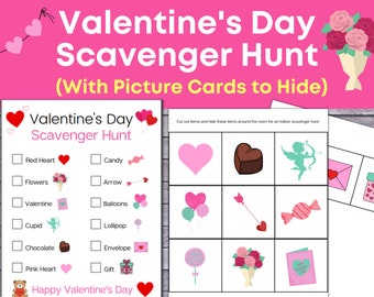 バレンタインデーの絵カードを使った宝探しゲーム、バレンタイン宝探しゲーム、子供向け印刷可能、子供向けバレンタインゲーム、ダウンロード