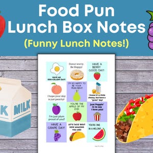 Notas para loncheras de género neutro: 12 juegos de palabras con comida. Notas para loncheras para niños, notas imprimibles, notas divertidas, notas de comida.