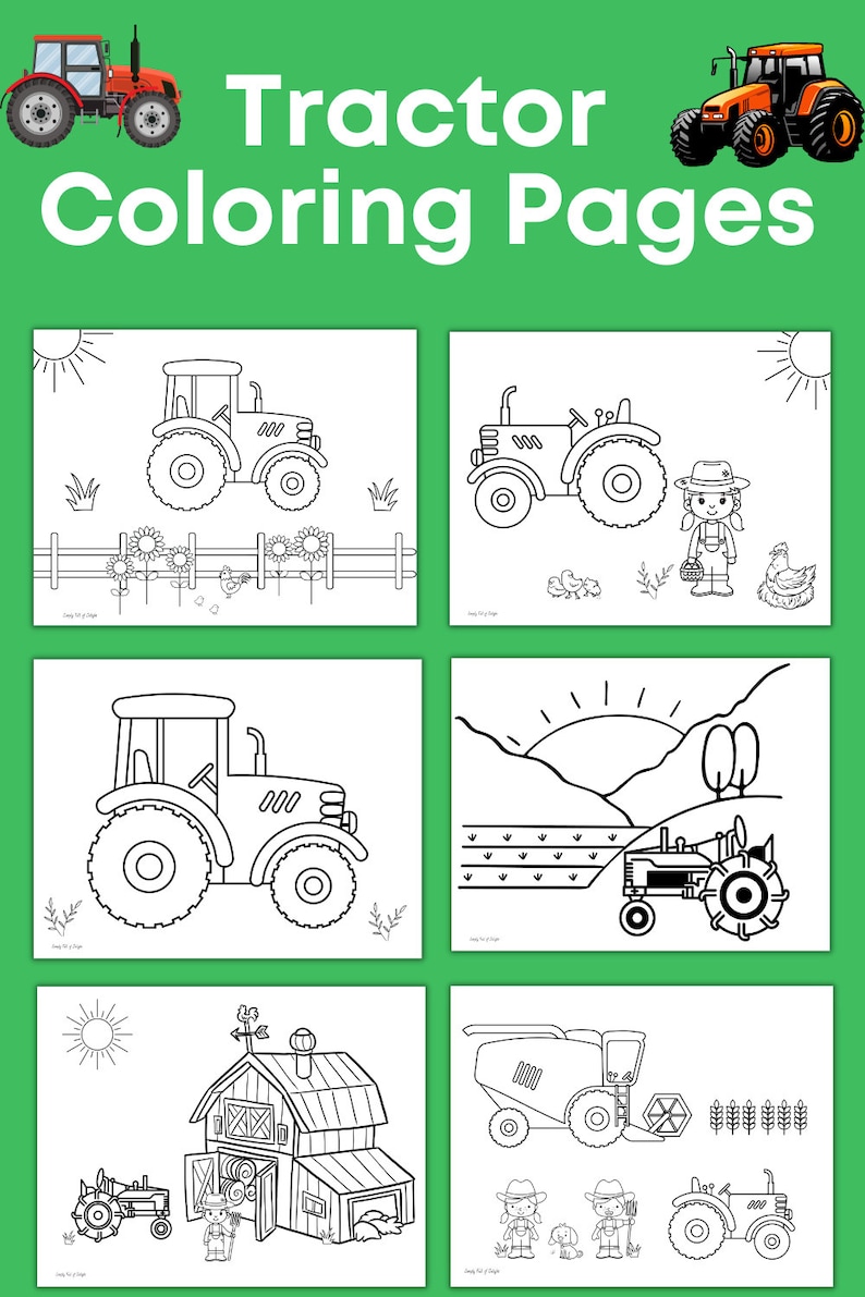 May include: Five black and white coloring pages featuring tractors. The first page shows a tractor in a field with a fence and sunflowers. The second page shows a tractor with a farmer. The third page shows a tractor in a field with a mountain in the background. The fourth page shows a tractor in front of a barn. The fifth page shows a combine harvester, a tractor, and a farmer.