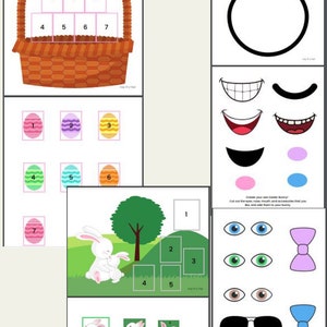 May include: A printable Easter activity set featuring a bunny face, a basket of eggs, and a mother bunny with baby bunnies. The set includes cut-out pieces for creating a bunny face with different eyes, mouths, and bows.