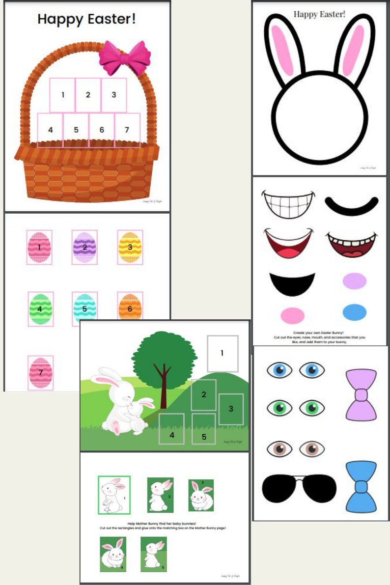 May include: A printable Easter activity set featuring a bunny face, a basket of eggs, and a mother bunny with baby bunnies. The set includes cut-out pieces for creating a bunny face with different eyes, mouths, and bows.