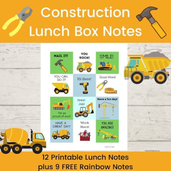 Construction Lunch Box Notes for Kids, 12 Tool Lunchbox notes for kids, printable lunch box notes for boys,  lunch box notes for non readers