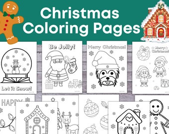 May include: Black and white coloring pages featuring Christmas themes, including a snowman in a snow globe, Santa Claus, a dog wearing a Santa hat, elves, a gingerbread house, and a reindeer.