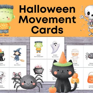 Puede incluir: Tarjetas de movimiento de Halloween con ilustraciones de acuarela de personajes de Halloween. Las tarjetas incluyen un gato negro, una bruja, un esqueleto, Frankenstein, un fantasma, una momia, una ara&ntilde;a y m&aacute;s. Las tarjetas est&aacute;n dise&ntilde;adas para actividades de movimiento.