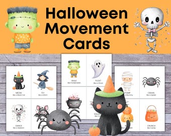 Halloween Movement Cards for Kids, Preschool Gross Motor Activity Flashcards, Circle Time Activity, Printable Halloween Action Cards