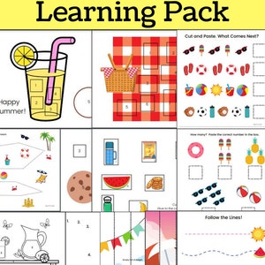 May include: A colorful summer preschool learning pack with various activities. Includes a watermelon slice, lemonade, picnic basket, and summer-themed cut-and-paste exercises. Features color-by-number and line-following tasks, all designed for early learning.