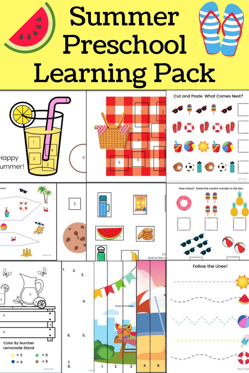 May include: A colorful summer preschool learning pack with various activities. Includes a watermelon slice, lemonade, picnic basket, and summer-themed cut-and-paste exercises. Features color-by-number and line-following tasks, all designed for early learning.