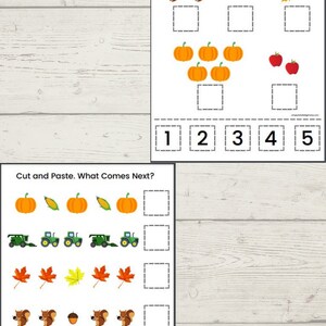 May include: A printable worksheet for kids to practice counting and matching numbers. The worksheet features images of pumpkins, squirrels, corn, leaves, and tractors. The text "How many? Paste the correct number in the box." and "Cut and Paste. What Comes Next?" is included on the worksheet.