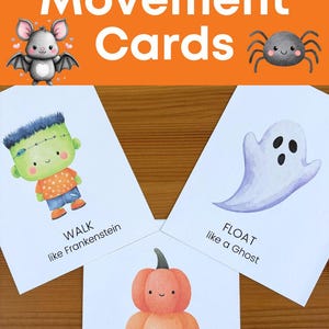 Puede incluir: Tarjetas de movimiento de Halloween con ilustraciones de un murci&eacute;lago, una ara&ntilde;a, Frankenstein, un fantasma y una calabaza. Cada tarjeta presenta una indicaci&oacute;n de movimiento: Camina como Frankenstein, Flota como un fantasma y Rueda como una calabaza.