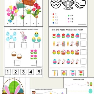 May include: A printable Easter activity worksheet with a colour by number, cut and paste, and follow the line activity. The worksheet features a bunny rabbit holding a basket of eggs.