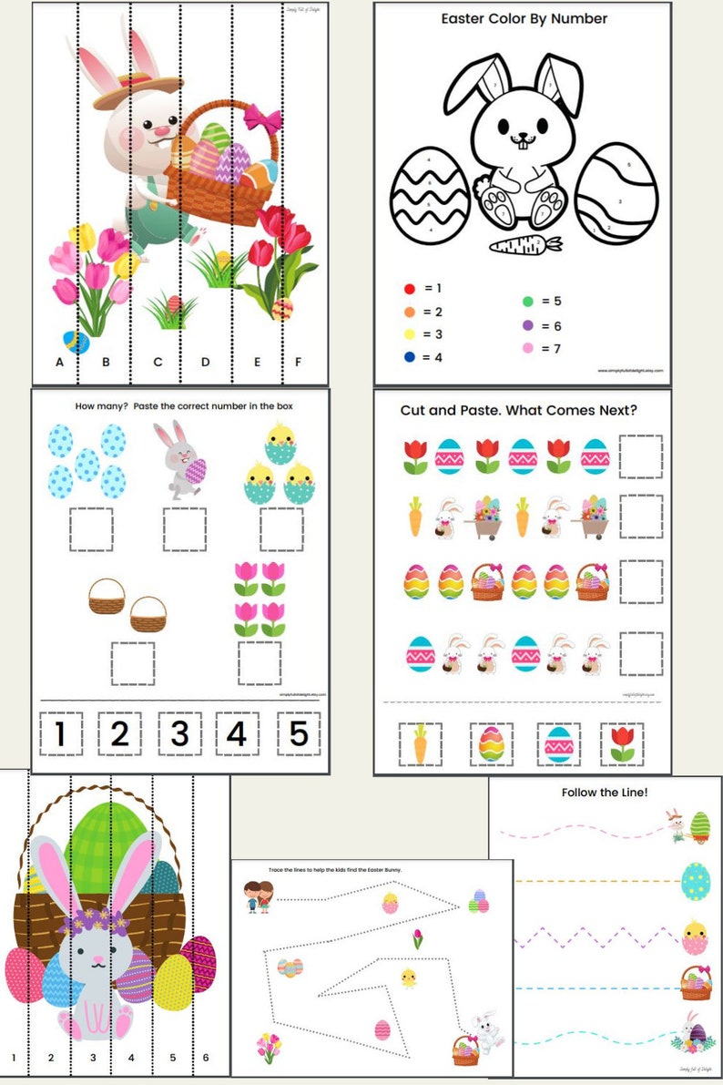 May include: A printable Easter activity worksheet with a colour by number, cut and paste, and follow the line activity. The worksheet features a bunny rabbit holding a basket of eggs.