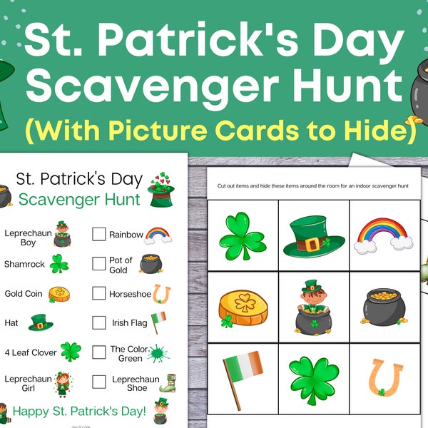 Chasse au trésor de la Saint-Patrick avec des cartes illustrées à cacher, chasse au trésor de la Saint-Patrick, à imprimer pour les enfants, jeu de la Saint-Patrick pour les enfants