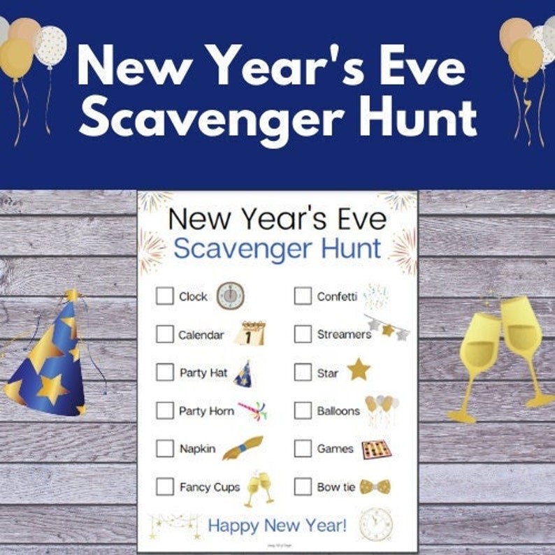 New Years Scavenger Hunt with Cards to Hide, NYE Scavenger Hunt, Printable for Kids, Instant Download, New Years Eve Game for Kids image 2