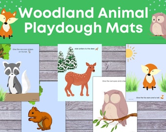 5 Printable Play doh Mats, Animal Play dough Mats, Woodland Playdough mat, Woodland animal Playdough Mat, Owl Play dough mat,  Forest Mat