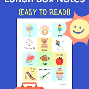 May include: A printable sheet of colorful lunchbox notes for kindergarten with images and text like "You are #1", "Hugs!" and "Love You!"  The notes are designed to be easy to read and fun for kids.