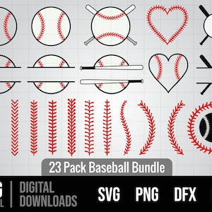 May include: A set of 23 baseball-themed SVG digital downloads. The designs include baseballs, bats, hearts, and stitching patterns. The designs are black and red on a white background.