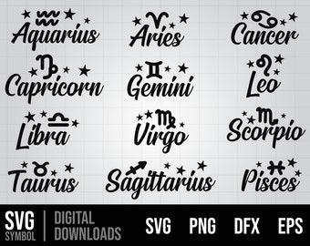 Dierenriemtekens SVG Bundel, Horoscoop Svg, Astrologie Tekens svg, Dierenriem Symbolen Svg, Tweelingen Svg, Ram Svg, Maagd Svg, Weegschaal Svg, Kanker, Vissen