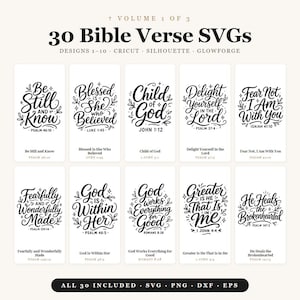 May include: A digital download graphic featuring 30 Bible verse SVGs. The design includes inspirational quotes with floral accents. The text includes phrases like "Be Still and Know" and "Fear Not, I Am With You". Formats include SVG, PNG, DXF, and EPS.