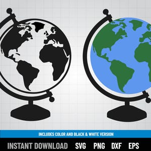 May include: Two globe illustrations. One is a black and white outline, the other features a blue ocean and green continents. Both are mounted on black stands. The image includes the text "SVG SYMBOL" and "INSTANT DOWNLOAD SVG PNG DXF EPS".
