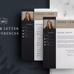May include: A black and white resume template with a cover letter. The resume includes a photo of the applicant, contact information, and references. The cover letter is addressed to Mrs. Johnson and includes a signature.