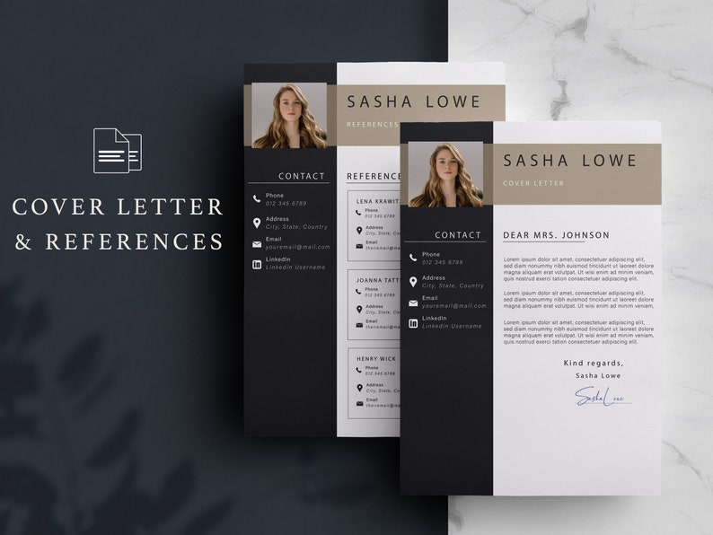 May include: A black and white resume template with a cover letter. The resume includes a photo of the applicant, contact information, and references. The cover letter is addressed to Mrs. Johnson and includes a signature.