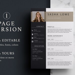 May include: A black and white resume template with a brown header. The header includes the name "Sasha Lowe" and the title "Fashion Designer". The resume includes sections for contact information, profile, work experience, and education.