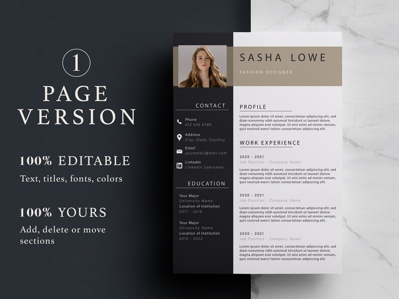 May include: A black and white resume template with a brown header. The header includes the name "Sasha Lowe" and the title "Fashion Designer". The resume includes sections for contact information, profile, work experience, and education.