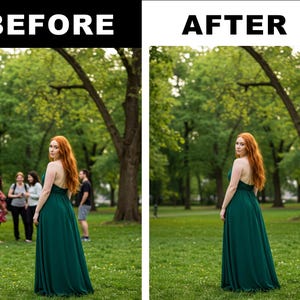 Könnte beinhalten: Eine Frau mit langen roten Haaren trägt ein dunkelgrünes Neckholder-Kleid in einem Park. Das Kleid ist bodenlang und fließend. Der Hintergrund umfasst grüne Bäume und Gras. Das Bild ist mit "AFTER" in fetter schwarzer Schrift beschriftet.